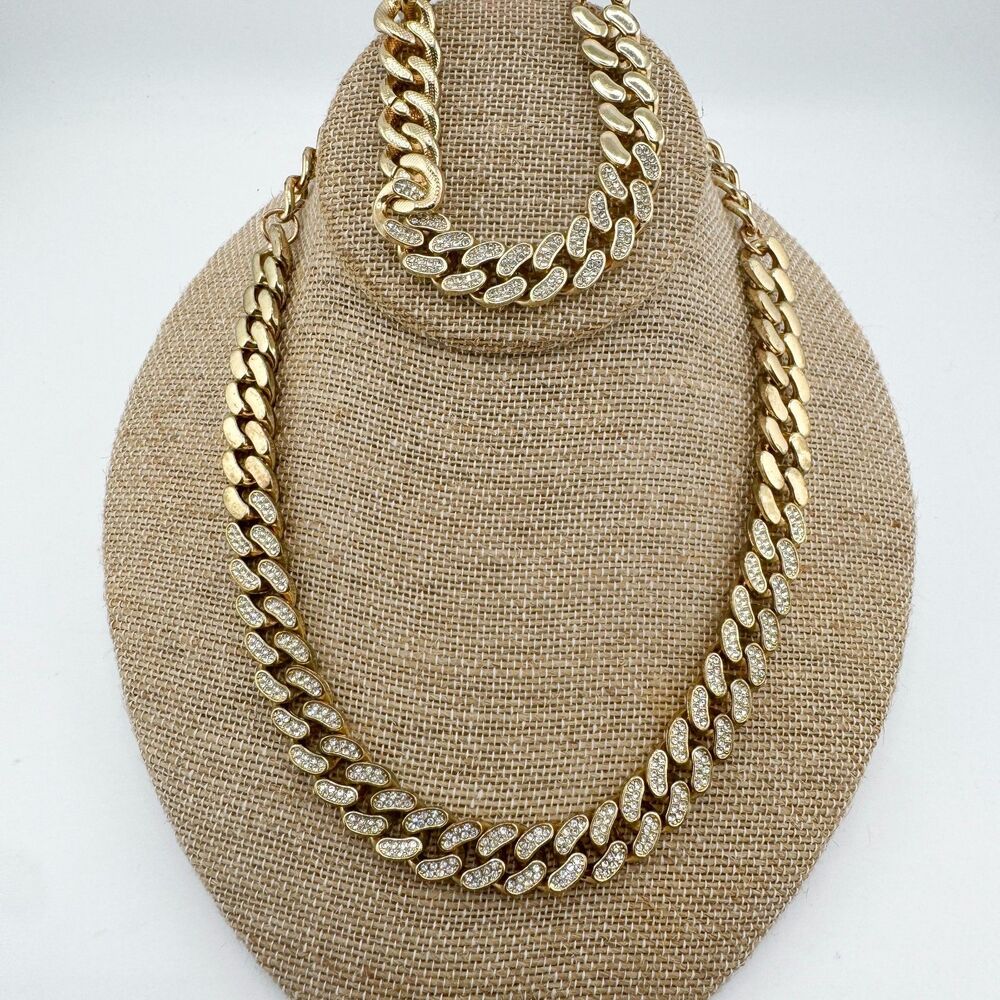 Vintage Cuban Chain Necklace & Bracelet Set Rhinestone Gold-Tone Statement